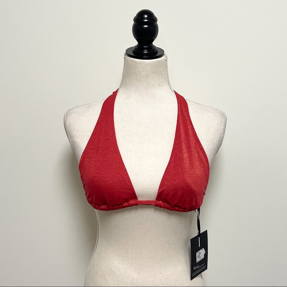 Skye Red Metallic Gold Sparkle Sliding Halter Bikini Top NWT Small Soft Cup